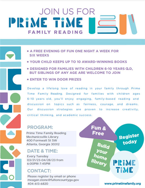 Prime Time Family Reading  Every Tuesday March 21st- April 28th , 2023 